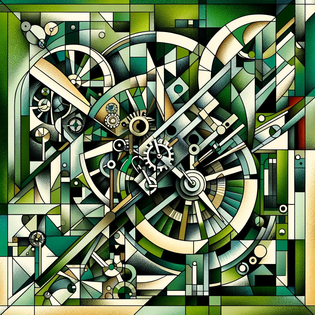 Abstraktes Bild von Teilen eines Uhrwerks, kubistisch dargestellt in Grüntönen