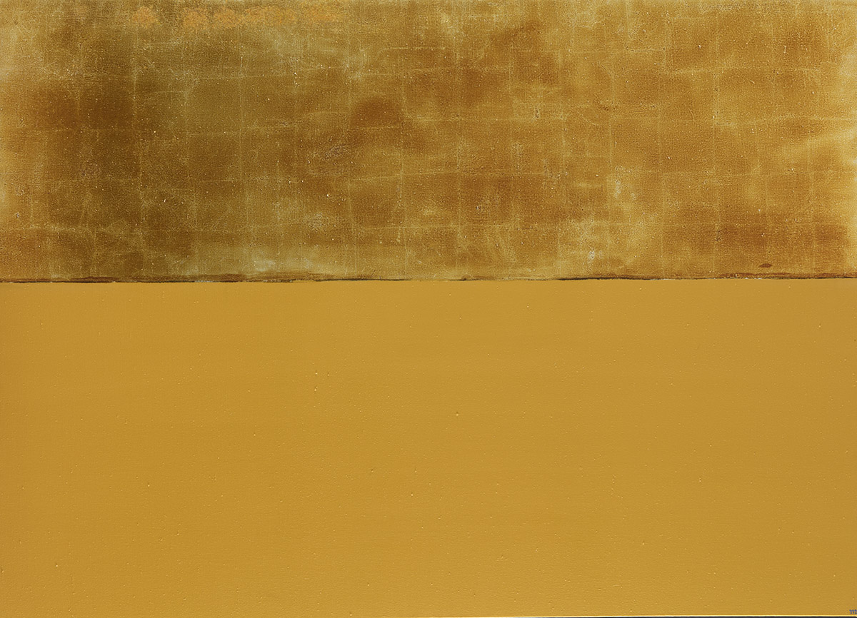 Anna-Eva Bergman, N°12-1975, „Terre ocre avec ciel doré”, 1975, Acryl und Metallfolie auf Leinwand, 180 x 250 cm, Fondation Hartung-Bergman.