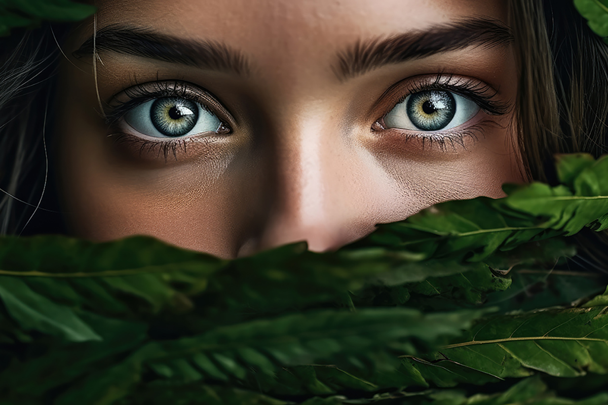Porträt einer Frau mit grünen Augen, der Mund wird von grünen Blättern verdeckt.