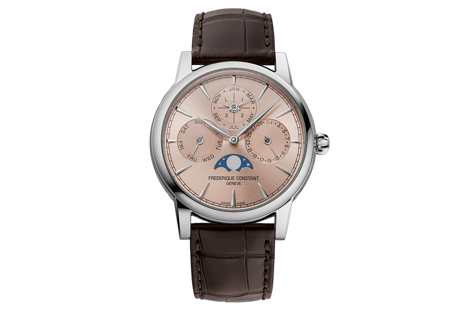 Armbanduhr mit ewigem Kalender von Frederique Constant mit roségoldfarbenem Zifferblatt, Mondphasenanzeige und braunem Lederarmband