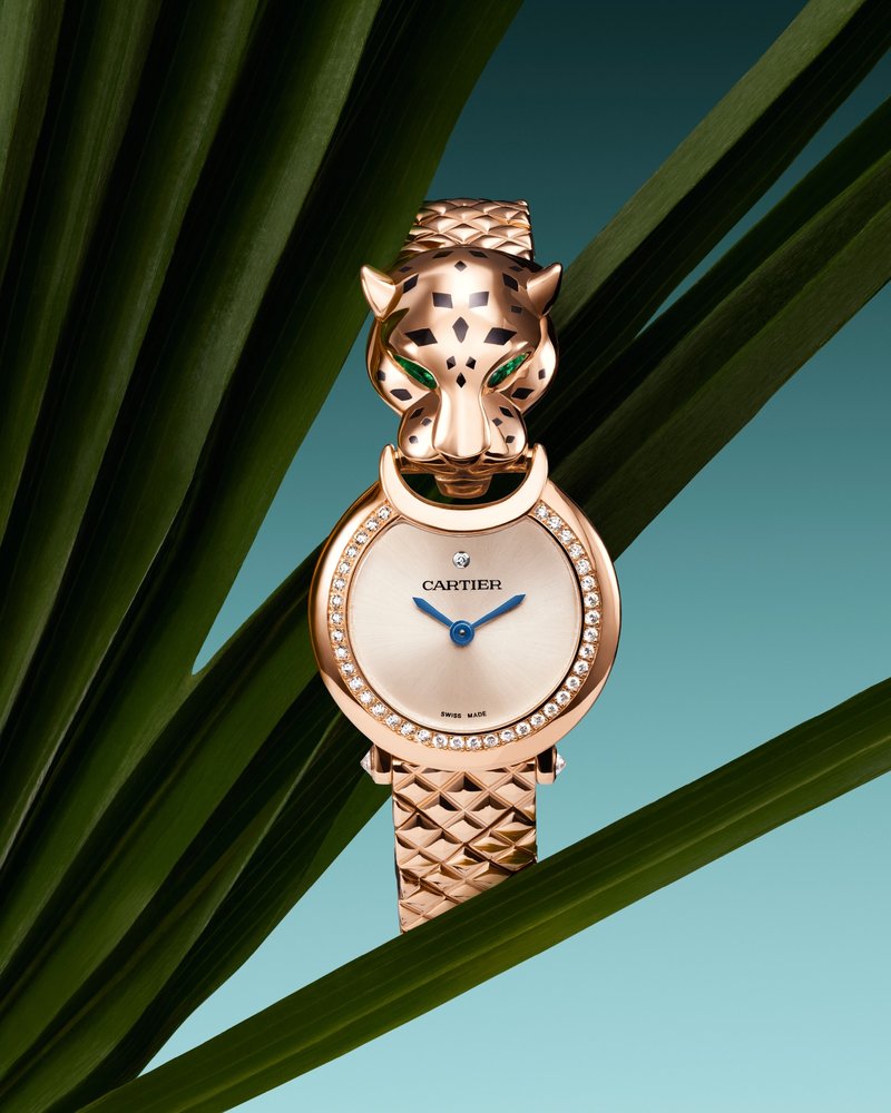 Fotografie: Panthère de Cartier Uhr in Roségold mit diamantbesetzter Lünette und Pantherkopf mit smaragdgrünen Augen; inszeniert zwischen grünen Palmblättern vor türkisfarbenem Hintergrund.