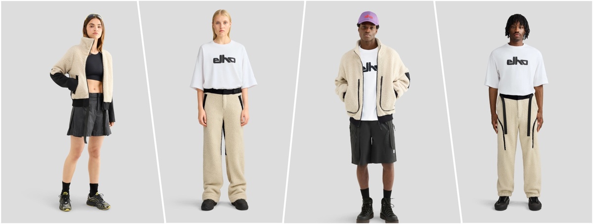 Collage: Vier Models in Elho-Outfits: Damen-Fleecejacke mit Rock, T-Shirt mit Fleecehose, Herren-Fleecejacke mit Shorts, T-Shirt mit Fleecehose
