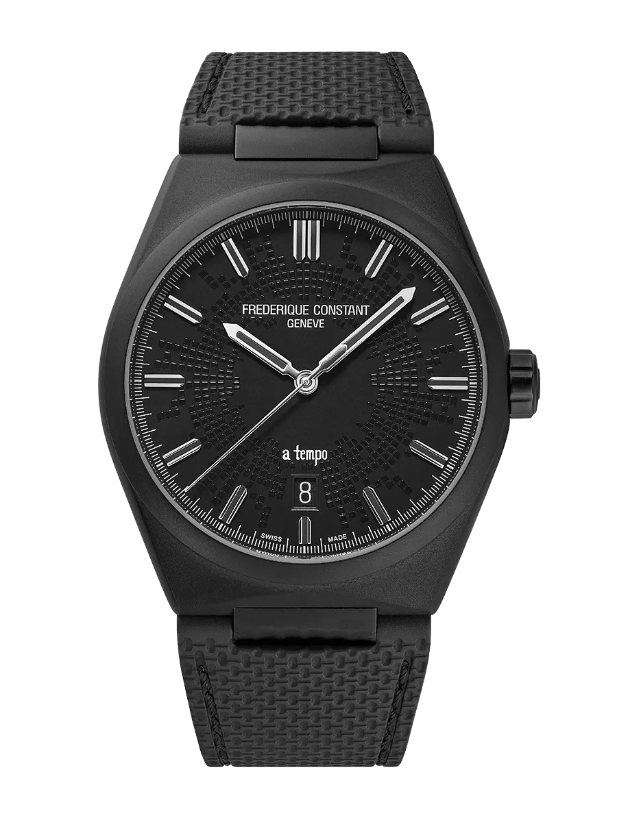 substantial-times-mehr-zeit-als-wir-10 Eine schwarze Armbanduhr von Frederique Constant mit rundem, mattschwarzem Gehäuse und schwarzem Kautschukarmband. Das Zifferblatt zeigt feine, konzentrische Linien, die an Schallwellen erinnern. Zeiger und Indizes heben sich glänzend vom tiefschwarzen Hintergrund ab. Unterhalb der Mitte steht der Schriftzug „a tempo“, darunter befindet sich ein Datumsfenster.