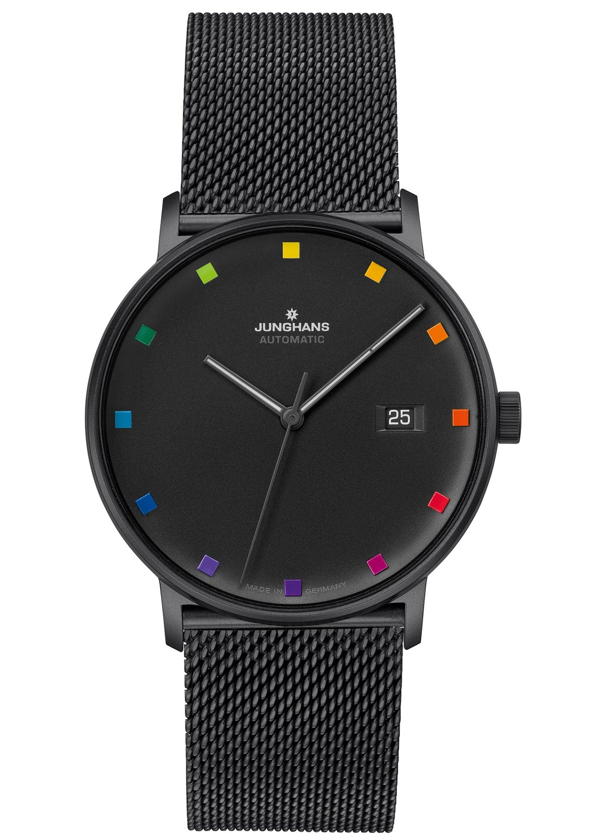 substantial-times-mehr-zeit-als-wir-11 Junghans FORM A Bauhaus Edition, schwarze Automatikuhr mit farbigen Stundenmarkierungen in Regenbogenfarben auf schwarzem Zifferblatt, schwarzes Milanaiseband, Datum bei 3 Uhr.
