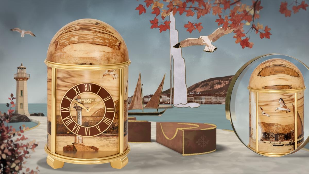 Illustrierte Aufnahme der Patek-Philippe-Dome-Clock „Geneva Harbor“, vollständig in Holzmarqueterie gestaltet. Die Uhr steht vor einer stilisierten Genfer Hafenszenerie mit Jet d’eau, Segelbooten und Möwen; die Kuppel zeigt markante Spaltholz-Buche-Maserung.