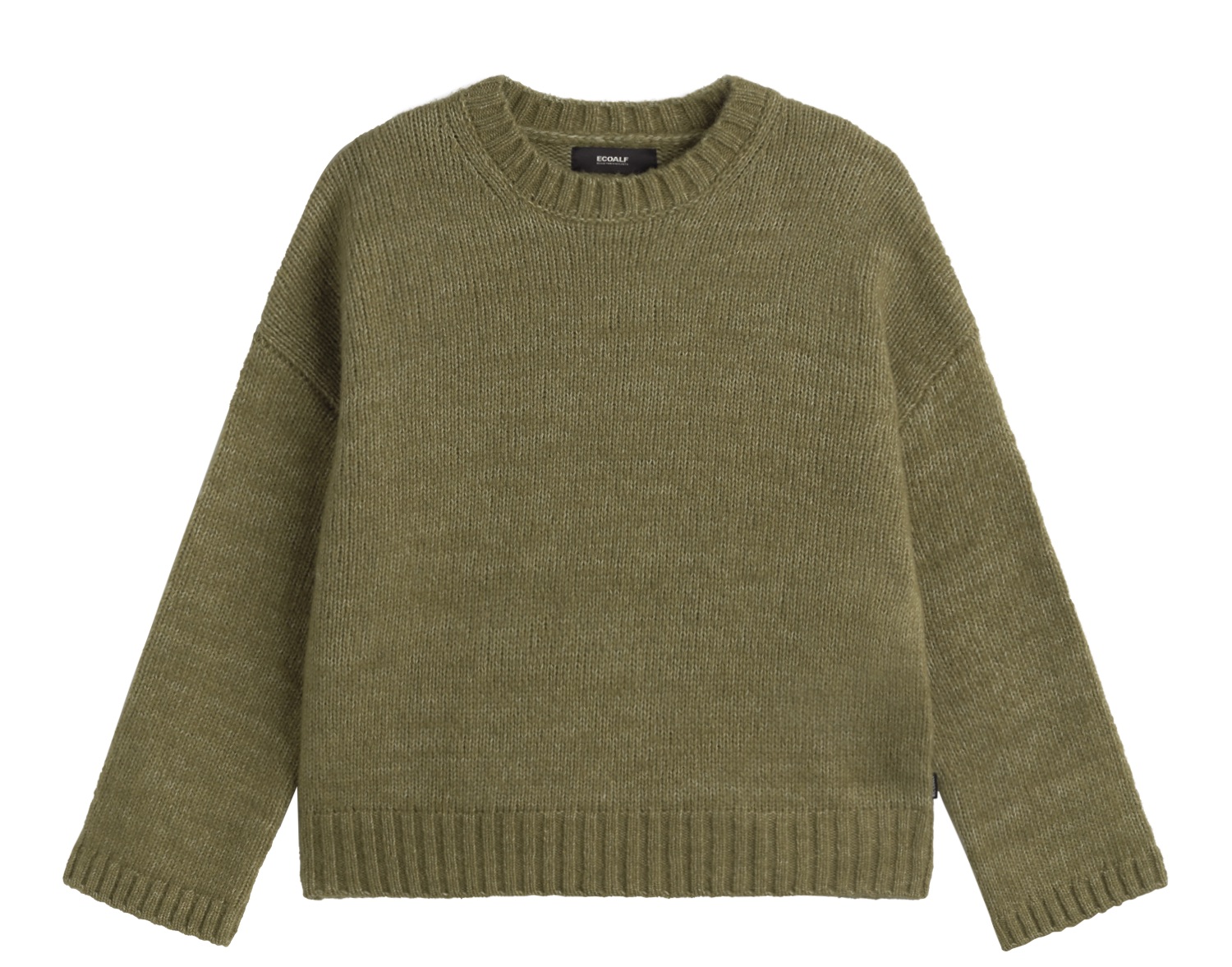 Olivgrüner Wollpullover von Ecoalf, frontal liegend und ohne Hintergrund dargestellt.