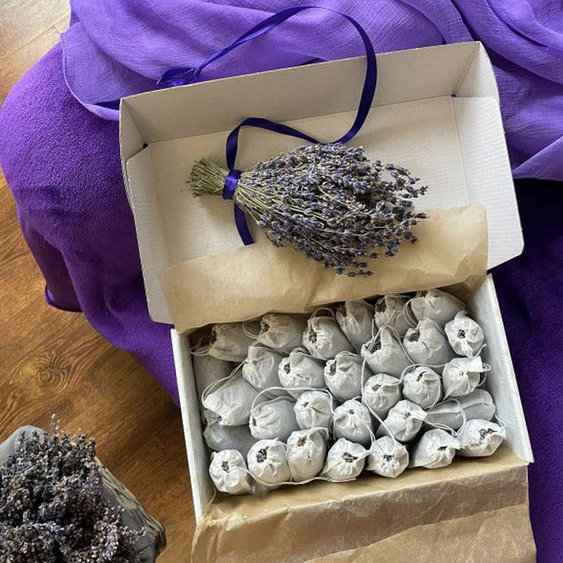 Schachtel mit getrockneten Bio-Lavendelblüten in kleinen Baumwollsäckchen, dazu ein gebündelter Lavendelstrauß, arrangiert auf violettem Stoff.