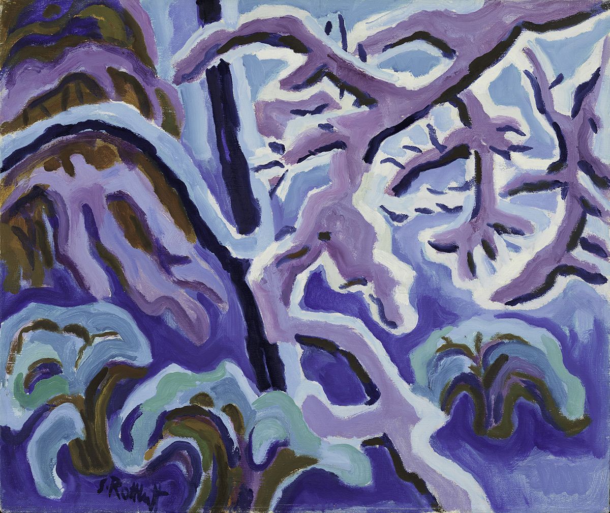 Das Bild zeigt beschneite Zweige in frostigem Licht in Blau- und Lilatönen.