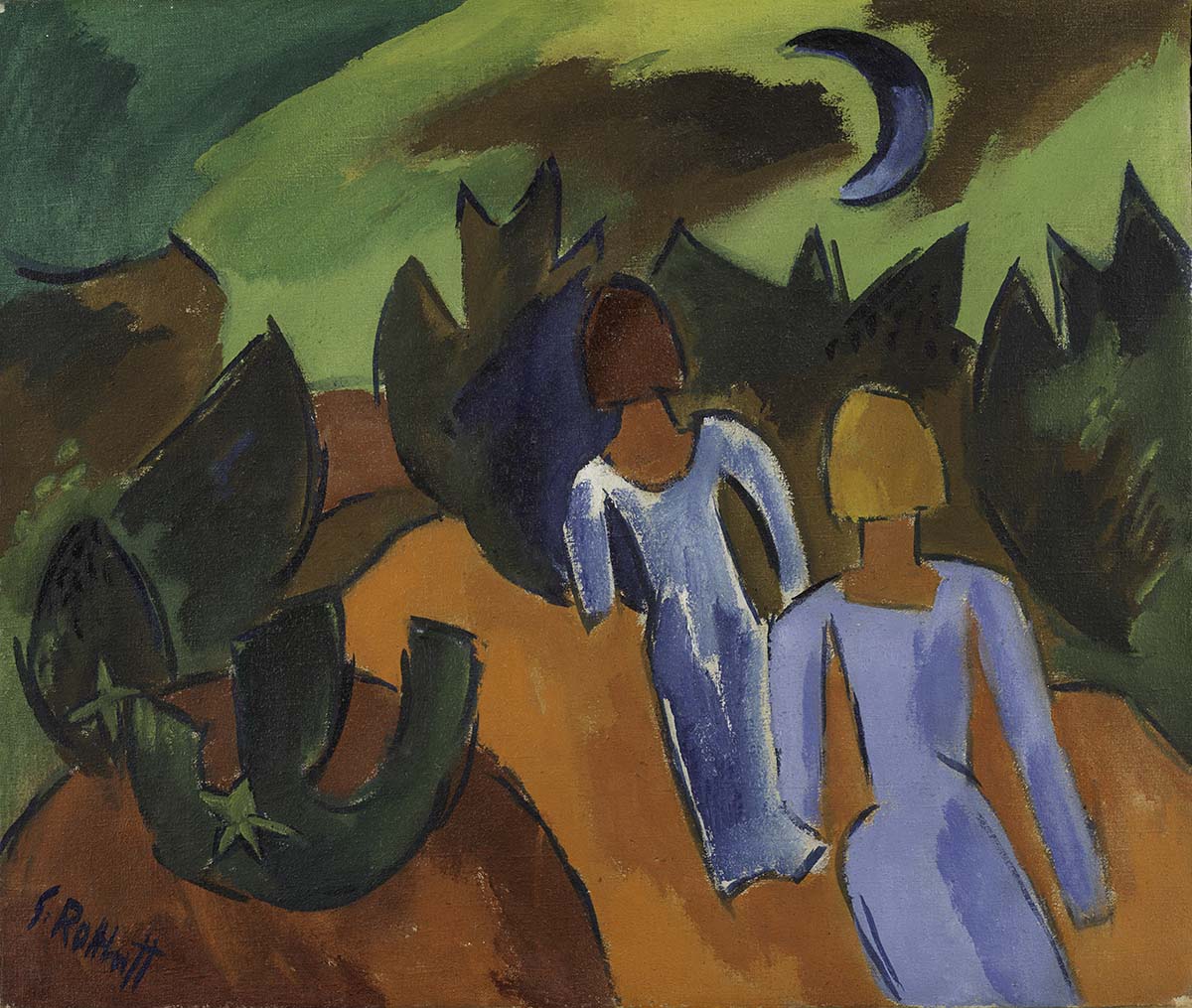 substantial-times-immer-wieder-muss-die-welt-neu-gesehen-werden-04 Das Bild zeigt zwei Frauen in langen blauen Kleidern, die auf einem geschwungenen roten Weg unter der blauen Sichel des Mondes spazieren.