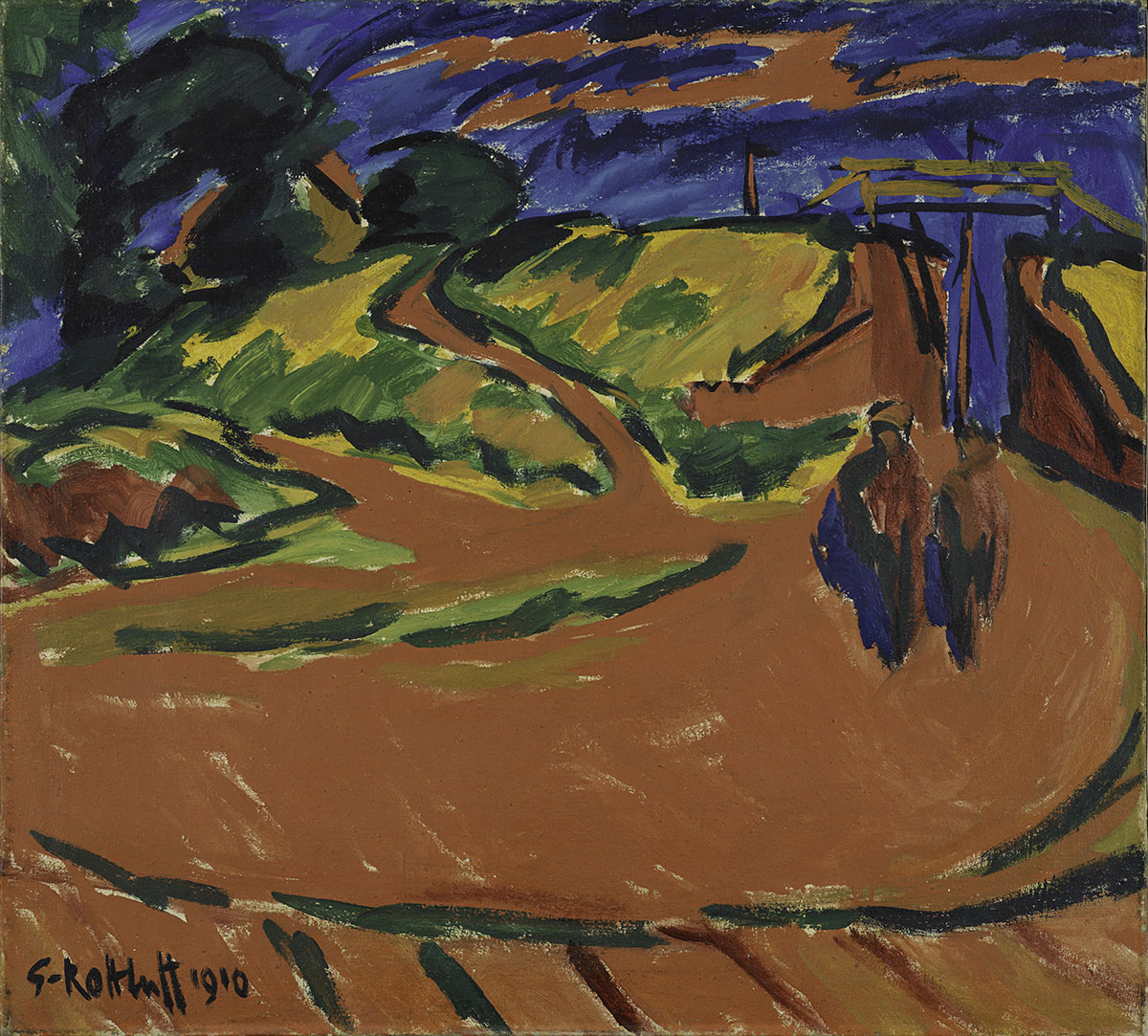 substantial-times-immer-wieder-muss-die-welt-neu-gesehen-werden-05 Das Bild zeigt eine weite Landschaft in kräftigen Rot- und Grüntönen, am oberen Bildrand ist das blaue Meer zu sehen, das den Deich an einer Stelle durchbricht und sich in die rot blühenden Felder ergießt.