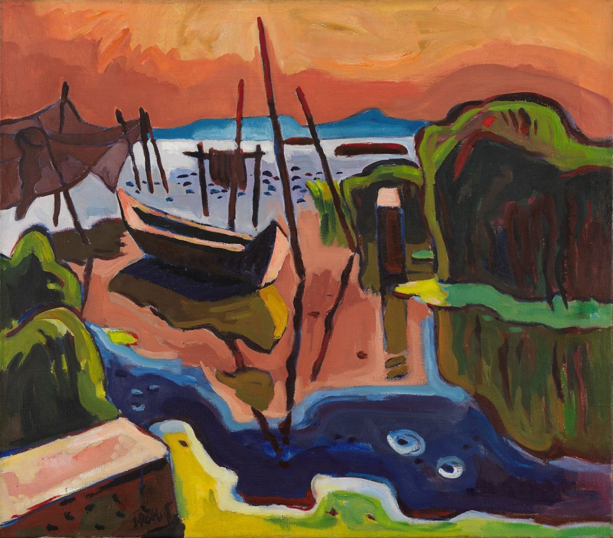 substantial-times-immer-wieder-muss-die-welt-neu-gesehen-werden-06 Das Bild zeigt zwei Fischerboote im Hafen, an dünnen Pollern vertaut, in der roten Abendsonne.