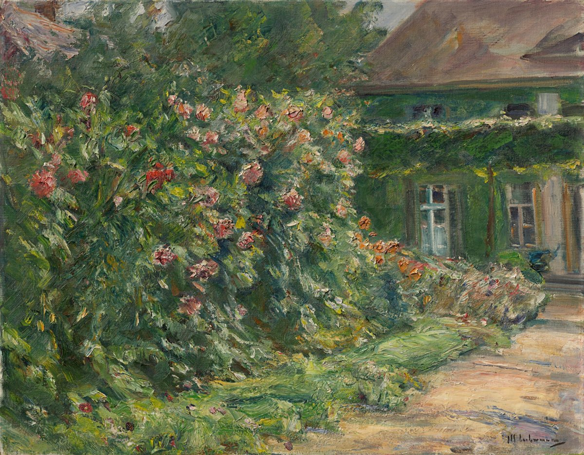 Ölbild mit Blick aus einem blühenden Garten auf ein efeu-beranktes Haus