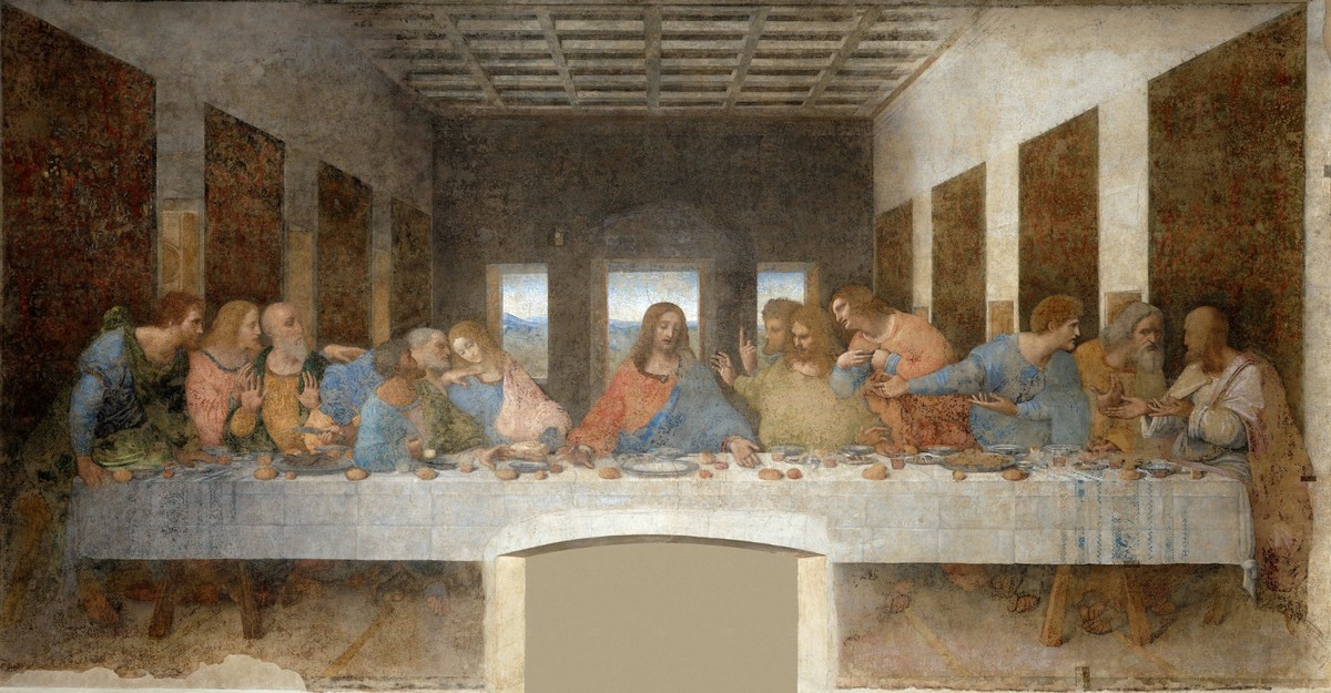 Wandgemälde „Das Abendmahl“ von Leonardo da Vinci mit Jesus und den zwölf Aposteln an einer langen Tafel in einem Renaissance-Raum.