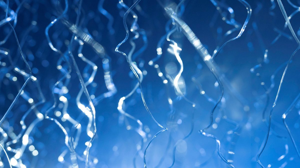 Filigrane Drähte vor blauem Hintergrund, die verschiedene Lichtreflexe erzeugen