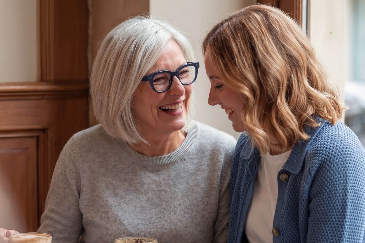 Zwei Frauen sitzen nebeneinander an einem Tisch, lachen im Gespräch, eine trägt eine dunkle Brille
