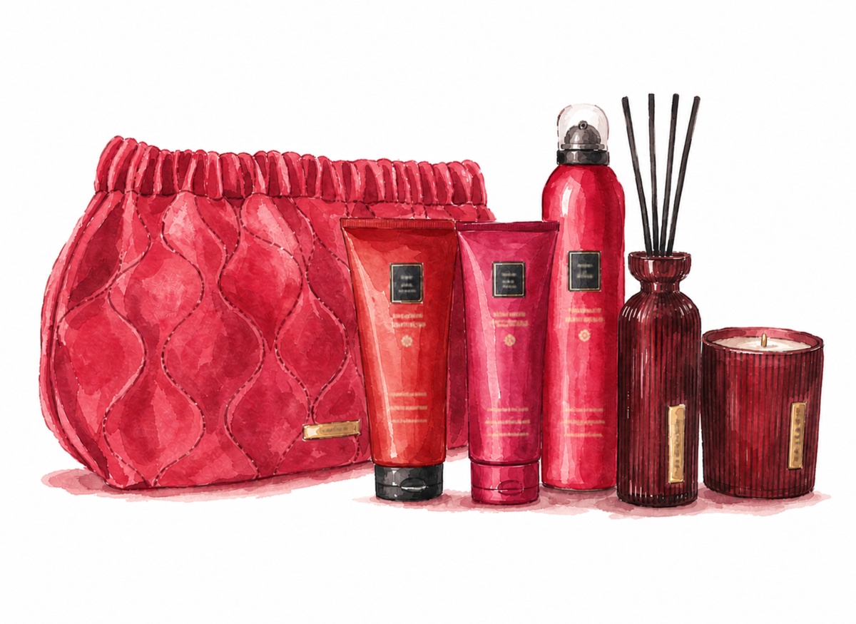 Rotes Pflege-Geschenkset von Rituals mit Kosmetiktasche, Duschschaum, Körperpflegeprodukten und Duftstäbchen vor hellem Hintergrund