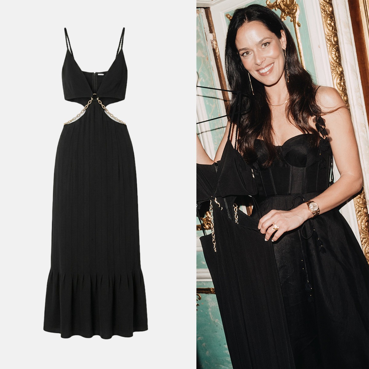 Zweiteilige Aufnahme: links ein schwarzes Midi-Kleid mit Cut-outs und goldfarbenem Kettendetail an der Taille auf weißem Hintergrund, rechts Ana Ivanović lächelnd im schwarzen Kleid vor einem barocken goldgerahmten Spiegel