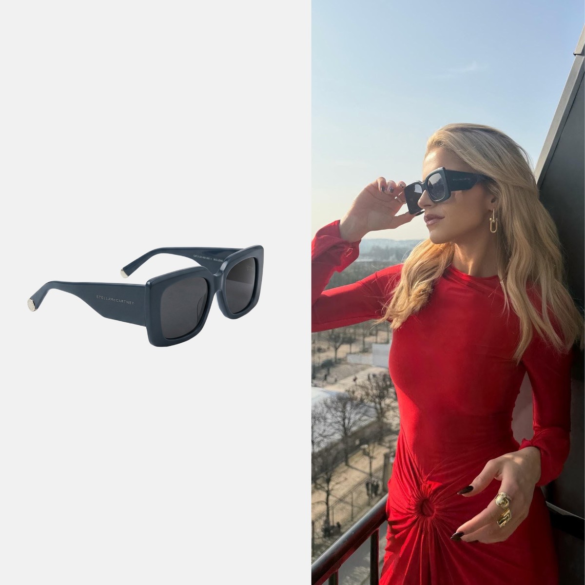 Zweiteilige Aufnahme: links eine schwarze Oversized-Sonnenbrille von Stella McCartney auf hellem Hintergrund, rechts Caro Daur auf einem Balkon mit Stadtblick, dieselbe Brille tragend, im roten enganliegenden Langarmkleid