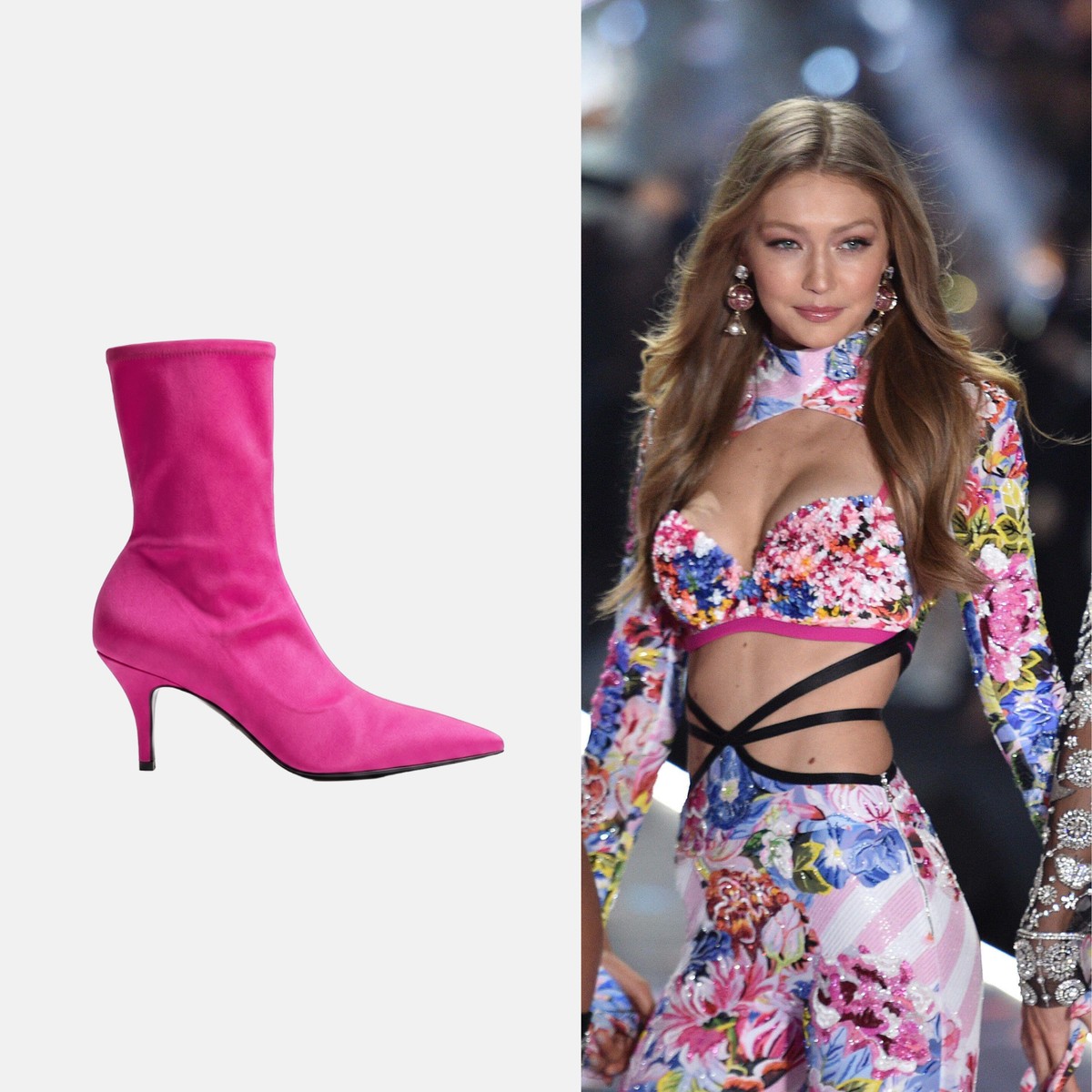 Zweiteilige Aufnahme: links ein pinker Satin-Stiefelette mit Kitten Heel von Balenciaga auf weißem Hintergrund, rechts Gigi Hadid auf einem Laufsteg in einem floralen Bustier-Outfit mit passenden pinkfarbenen Akzenten.
BU: 