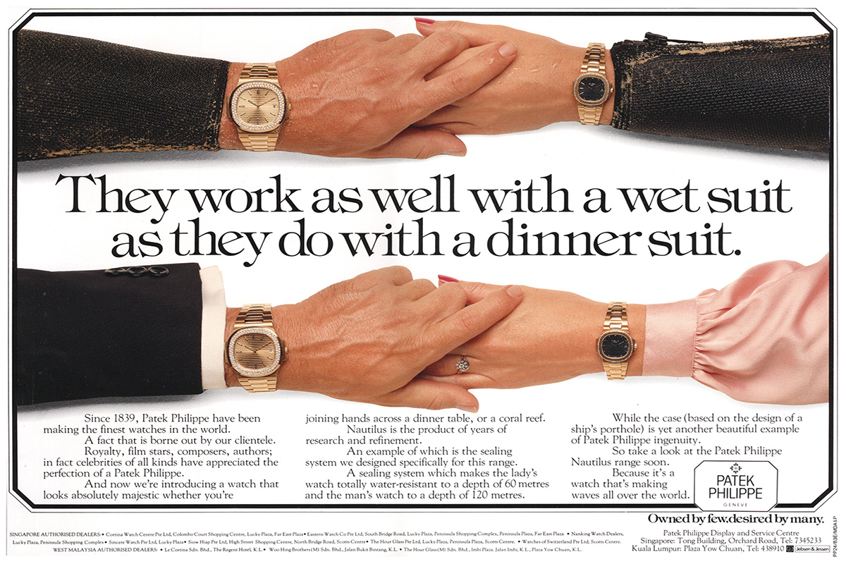Historische Patek-Philippe-Werbeanzeige aus den 1980er-Jahren mit Taucheranzug und Nautilus-Armbanduhr