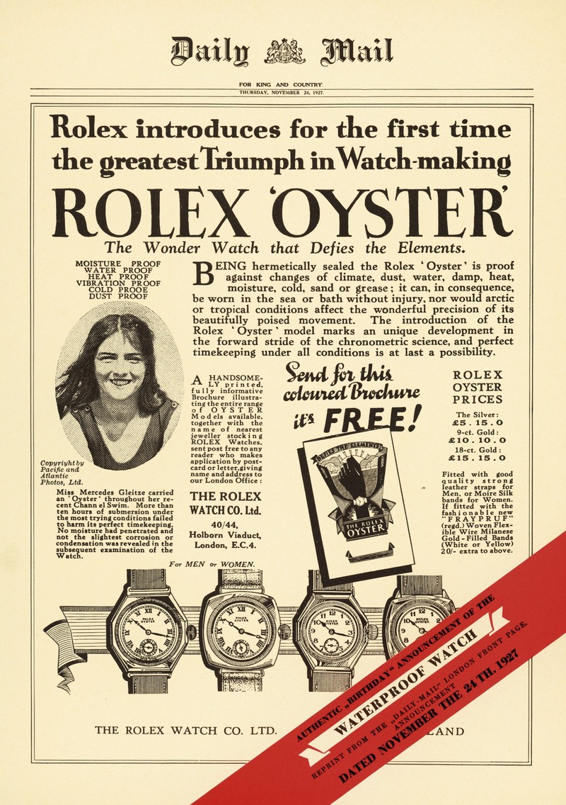 Historische Daily-Mail-Anzeige für die Rolex Oyster aus dem Jahr 1927