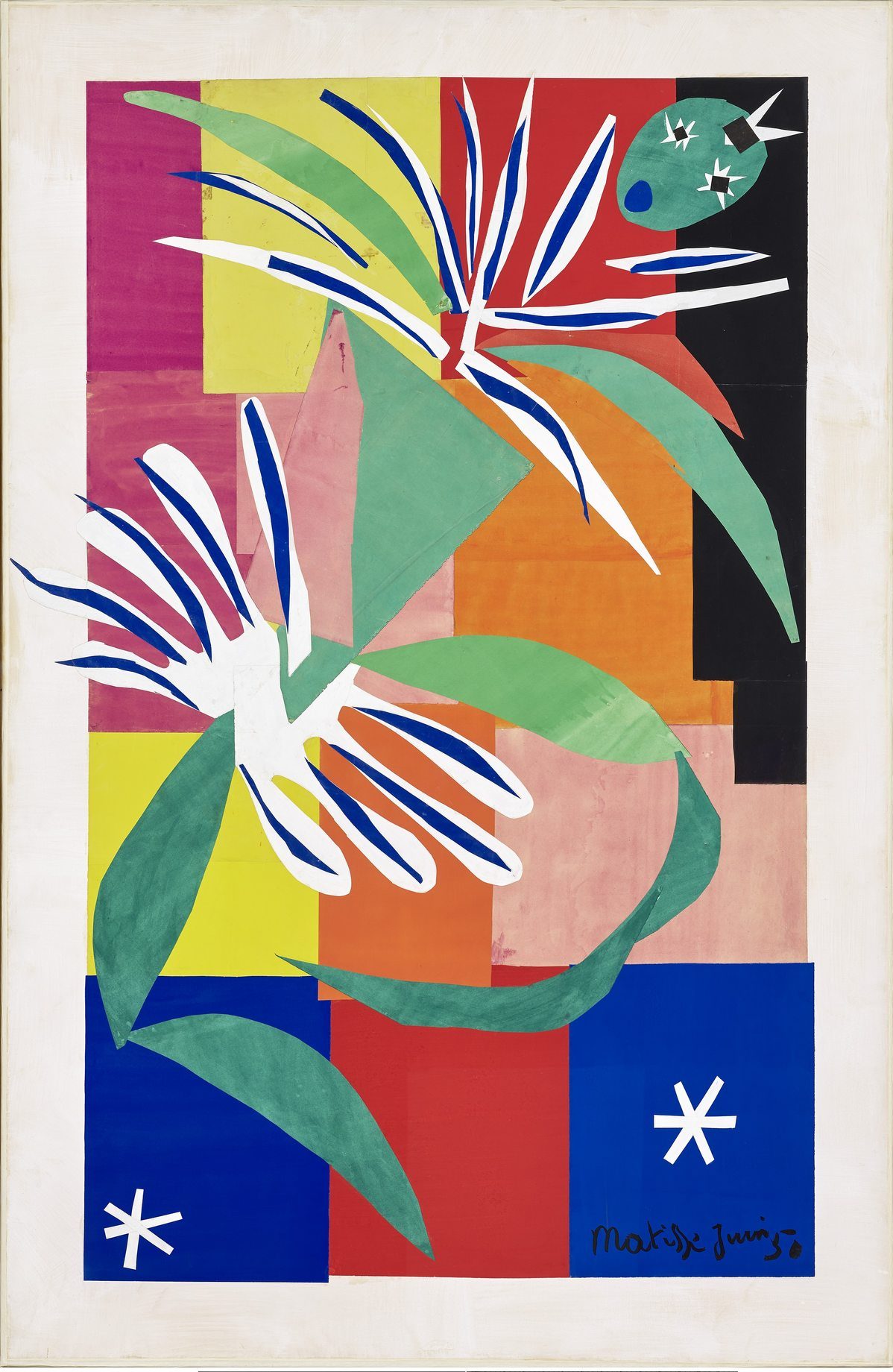 substantial-times-Matisse-danseuse-creole Das Bild zeigt eine stilisierte Tänzerin aus farbigen Scherenschnitten, deren Haltung und Bewegung dynamisch angedeutet werden