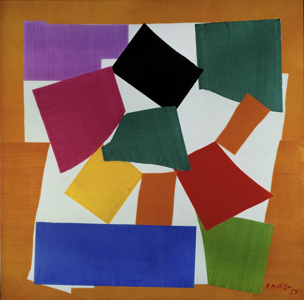 substantial-times-Matisse-l-escargot Das Bild zeigt farbige geometrische Papierformen, die sich zu einer abstrakten Komposition überlagern
