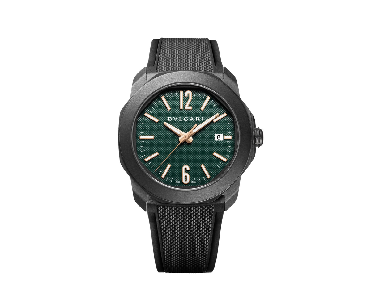 Bulgari Octo Roma mit grünem Clous-de-Paris-Zifferblatt und schwarzem Kautschukarmband