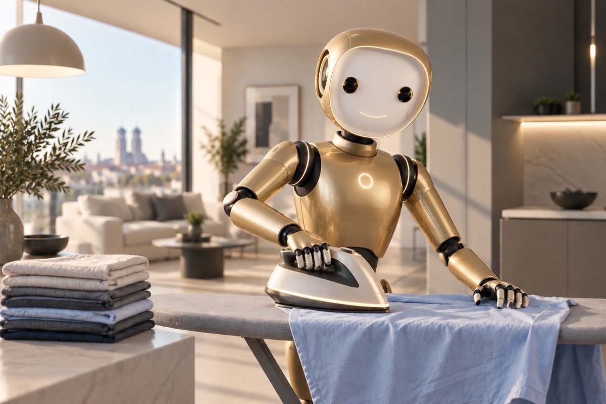 Goldener humanoider Haushaltsroboter beim Bügeln in einer modernen Wohnung