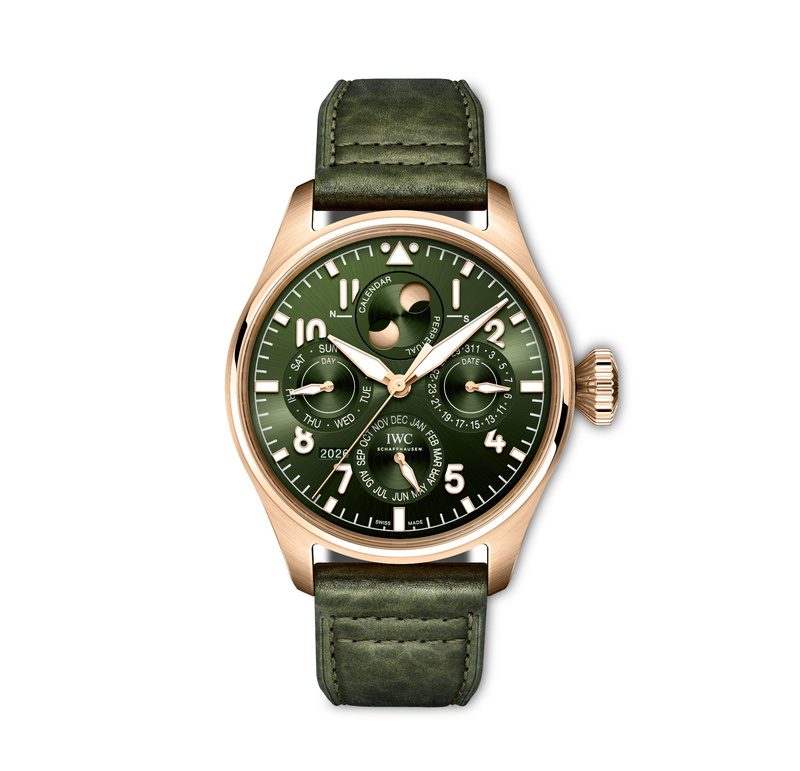 IWC Big Pilot’s Watch Perpetual Calendar ProSet in 5N-Gold mit olivgrünem Zifferblatt und Lederband