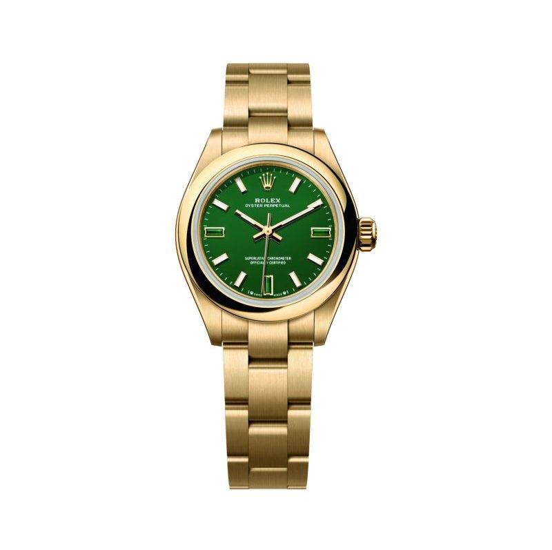 substantial-times-rolex-oyster-perpetual-28-green-stone-gelbgold Rolex Oyster Perpetual 28 in Gelbgold mit grünem Zifferblatt und Heliotrop-Indizes