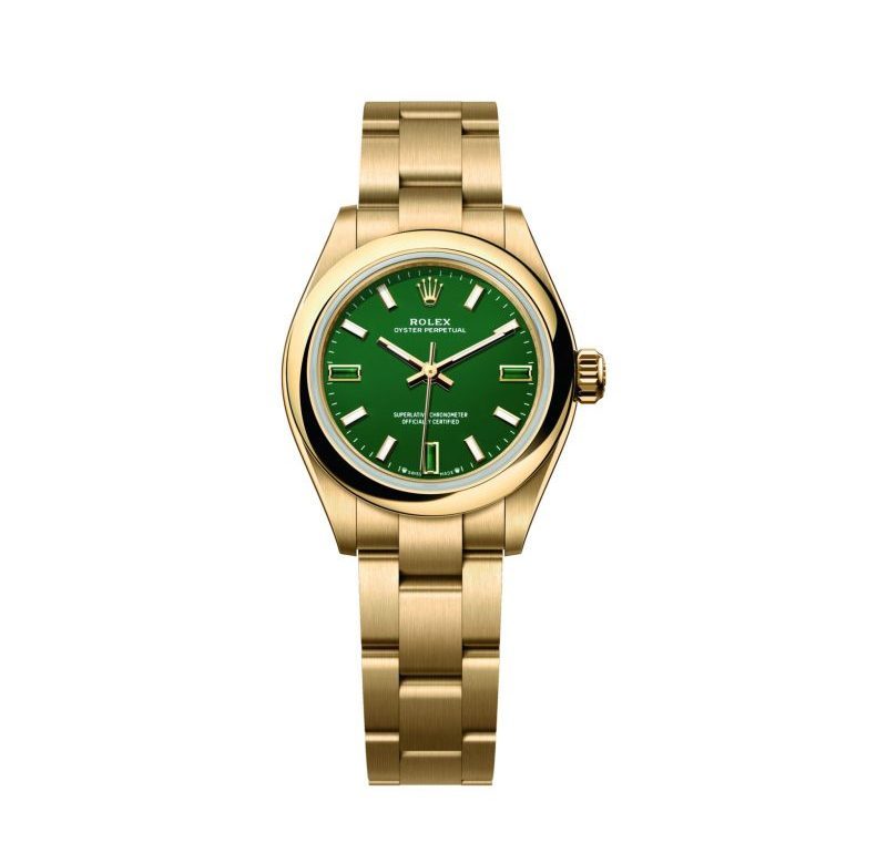 Rolex Oyster Perpetual 28 in Gelbgold mit grünem Zifferblatt und Heliotrop-Indizes